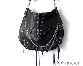 2-Face Handmade Reversible Black Studded Leather Bag – For Free Spirits with a Grunge Soul  Goth, Rock, Hobo, Hippie, Apocalyptic Tribal S
