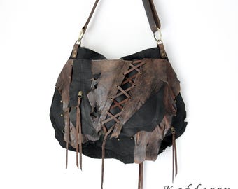 Bolso bandolera de piel auténtica, estilo grunge, estilo apocalíptico, estilo hippie, gótico, punk, con cordones cruzados, talla S