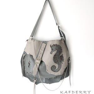 Handmade Shoulder -Grunge Studded Crossbody Purse Grey Mink Seahorse Design Gothic Hobo Hippie Punk Rock Leather Bag Free people image 2