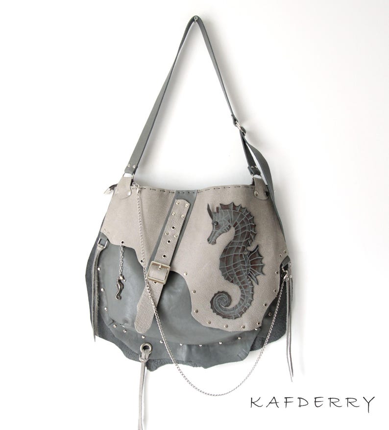 Handmade Shoulder -Grunge Studded Crossbody Purse Grey Mink Seahorse Design Gothic Hobo Hippie Punk Rock Leather Bag Free people image 2