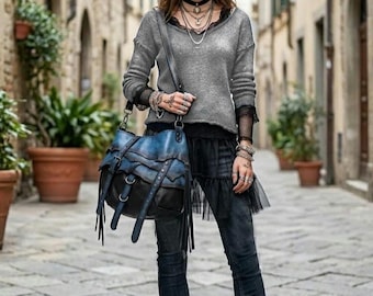 Ocean Waves Blue Black Handpainted Sheepskin Leather Crossbody /Shoulder Bag: Art to wear bag Hippie Hobo Punk Rock Style S