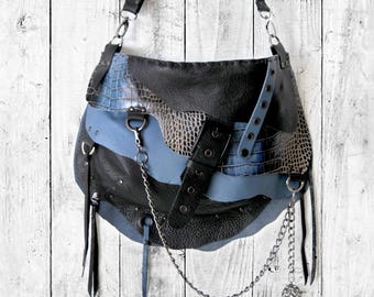 Grunge blue/black croco embossed leather crossbody bag /Hobo hippe bag/ Hard Rock bag/Gothic punk purse Free people bag Apocalyptic