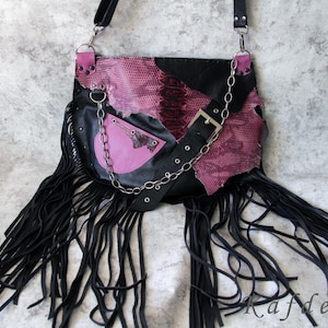 Fringed Purple Black Croco Embossed Leather Crossbody Bag: Hippie Grunge Style