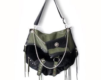 Olive Green Black Genuine Leather and Black Lambskin Shoulder/ Crossbody Grunge Hobo Hippie Goth Punk Bag Purse / Hand-painted Leather S