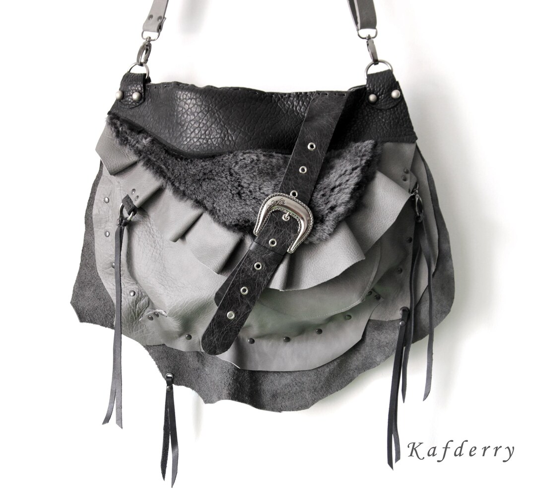 Distressed Leather & Sheep Fur Crossbody Bag: Gothic Rocker Purse - Etsy