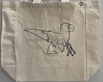 T-Rex with stroller - Original character by emily burke on an EcoBags tote bag ! Its a Large Heavy Duty Canvas Tote w/pocket !