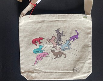 New Cats - Sling bag in natural canvas with original art and hand colored ! one of a kind ! by emily burke