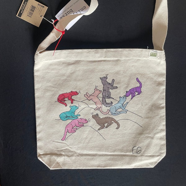 New Cats - Sling bag in natural canvas with original art and hand colored ! one of a kind ! by emily burke