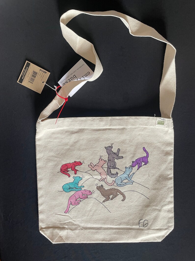 New Cats Sling bag in natural canvas with original art and hand colored one of a kind by emily burke image 1