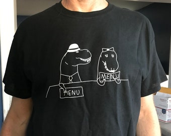 T-REX Dinner T-Shirt - original art by emily burke - Now in Black!! FREE SHIPPING !!