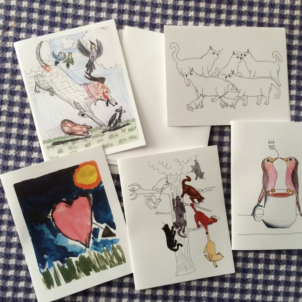 set of 5 - one of each design - blank note cards by emily burke - set of 5 with envelopes.