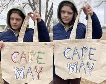 CAPE MAY  TOTE ! original graphic with emily burke's animalphabet characters on an EcoBags tote bag !  A Large Heavy Duty Tote w/pocket !