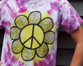 Hippie Girls Shirt, Girls Peace Sign Shirt, Kids Medium Flower Shirt, Girls Tie Dye Peace Sign T-shirt, Flower Child, Girls Tie Dye Shirt