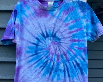 Childrens Tie Dye Shirt, Youth Large Tie Dye Spiral in Blue and Purple