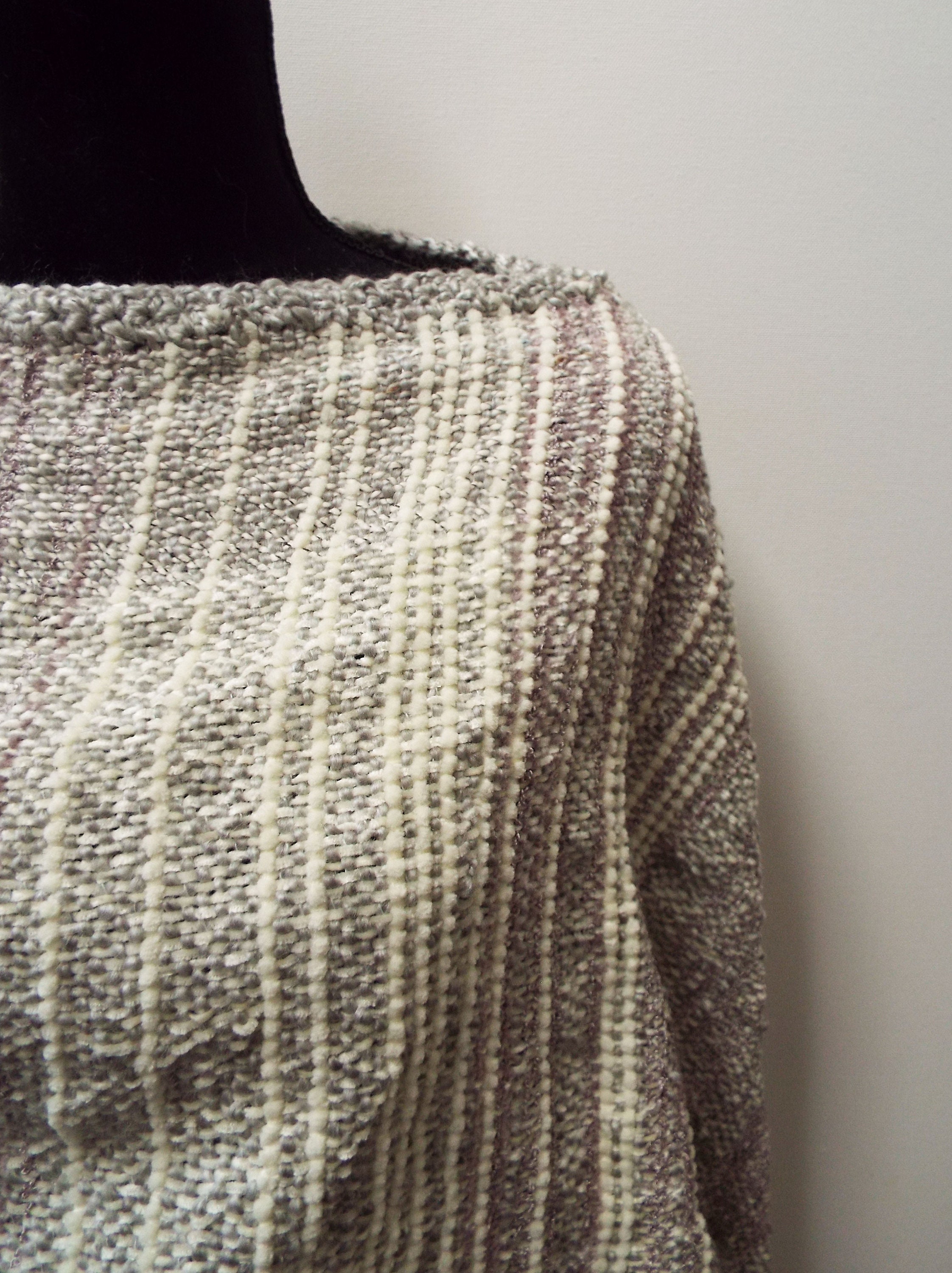 White and Grey Poncho With Stripes Handwoven Shawl Warm - Etsy