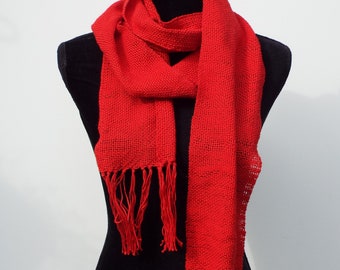 Handwoven Red Scarf, Hand Woven Scarf in Cherry Red, Hand-Weaving, Handmade Gifts for him, Winter Scarf, Mens Scarf, bright red, womens