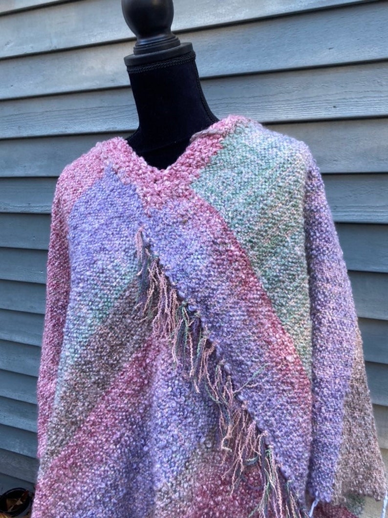 Handwoven Shawl in Pastel Tones Pink Lavender Aqua, Thick Warm Winter Wrap, Plus size poncho, Hand Woven Poncho, handmade gift for women image 2