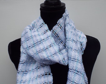 Lovely Handwoven Scarf, Lacey Hand-woven Scarf in white and blue, Handmade fashion scarf, womens scarf, unique accessory, lightweight scarf