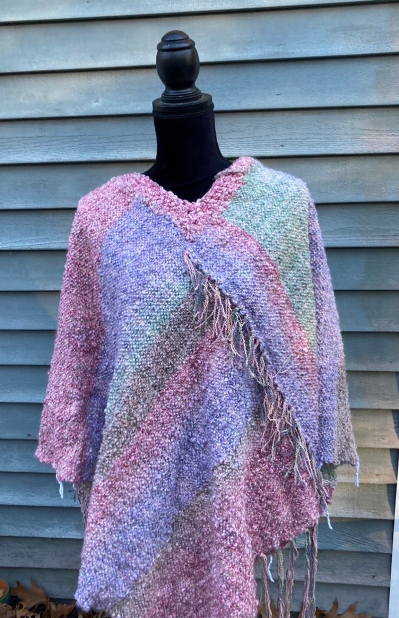 Handwoven Shawl in Pastel Tones Pink Lavender Aqua, Thick Warm Winter Wrap, Plus size poncho, Hand Woven Poncho, handmade gift for women image 1