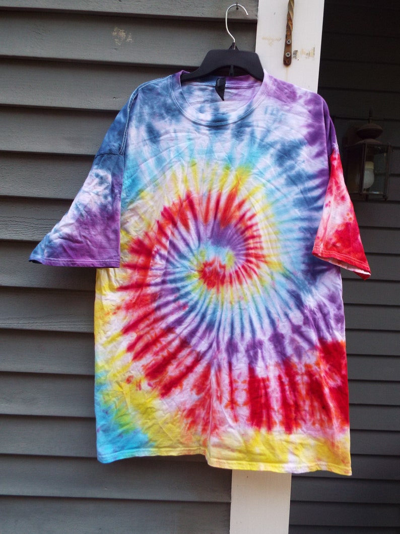 red blue yellow tie dye shirt