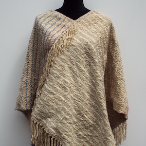 Beige Poncho with Stripes, Handwoven Shawl, Thick Warm Winter Wrap, Plus size, Weaving, Winter cover up, gifts for women, womens poncho