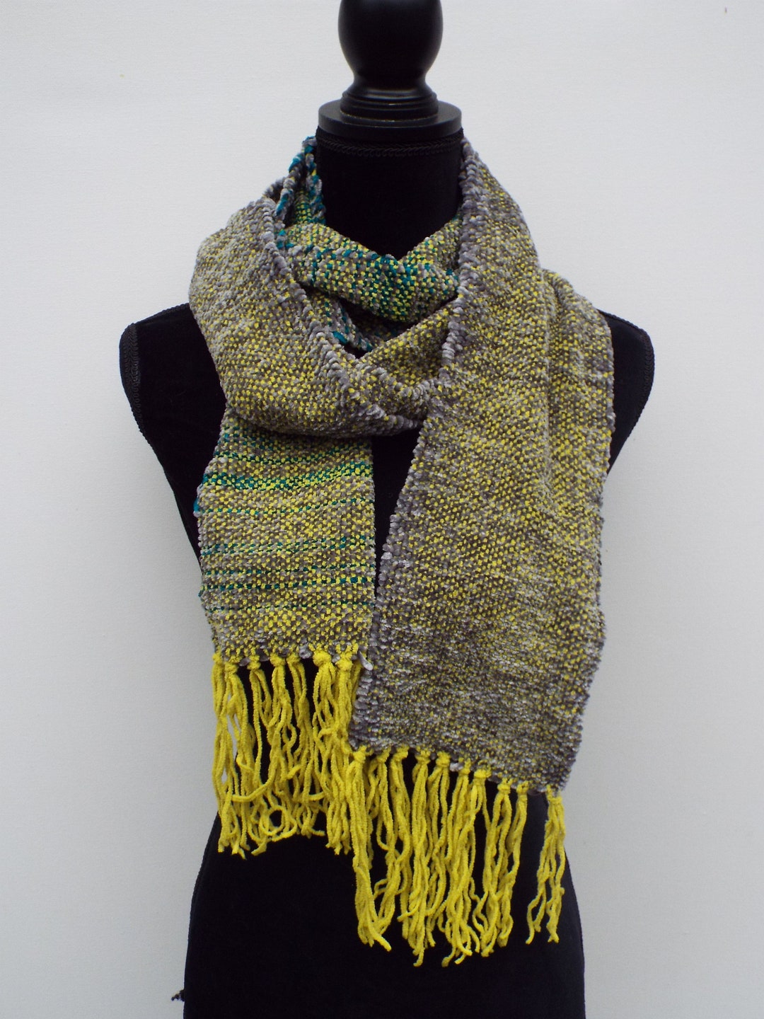 Yellow and Green Scarf, Handwoven Scarf With Super Soft Chenille Yarn ...