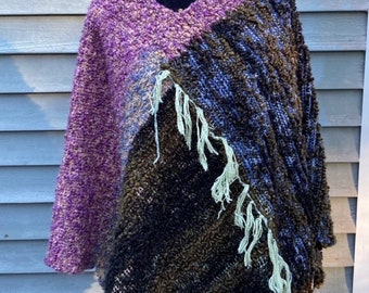 Heavy Woven Poncho in Purple Blue Black, Thick Warm Winter Shawl, Plus size wrap, HandWoven, Winter cover up, gifts for her, womens poncho