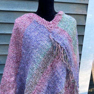 Handwoven Shawl in Pastel Tones Pink Lavender Aqua, Thick Warm Winter Wrap, Plus size poncho, Hand Woven Poncho, handmade gift for women image 3