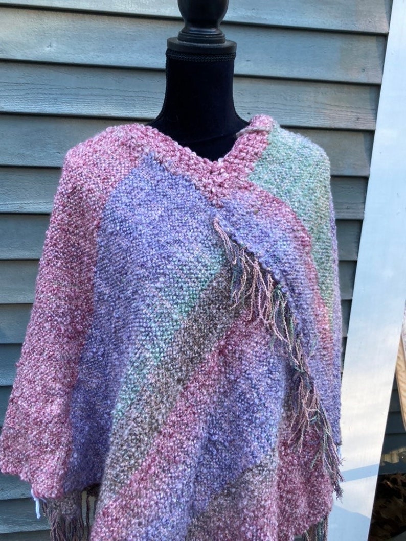 Handwoven Shawl in Pastel Tones Pink Lavender Aqua, Thick Warm Winter Wrap, Plus size poncho, Hand Woven Poncho, handmade gift for women image 3