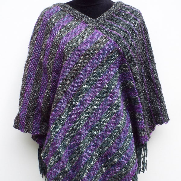 Handwoven Shawl in Purple and Charcoal Grey, Warm Winter Wrap, Plus size cover up, handwoven poncho, handmade gift, purple and black