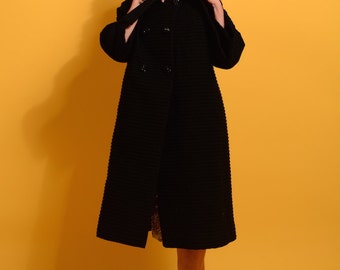 1960's Lilli Ann - Tisse a Paris swing coat • 60's black coat • textured vintage coat • rhinestone buttons