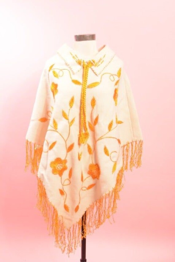 1970's Wool embroidered poncho with fringe. - image 1