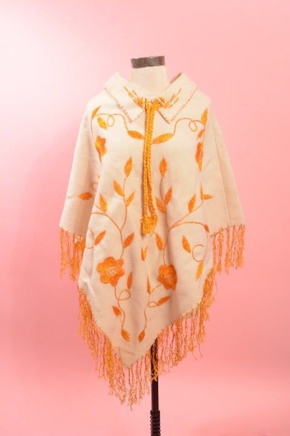 1970's Wool embroidered poncho with fringe. - image 2