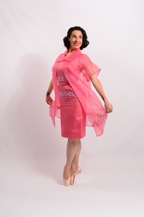 1950's coral pink chiffon dress with matching shee