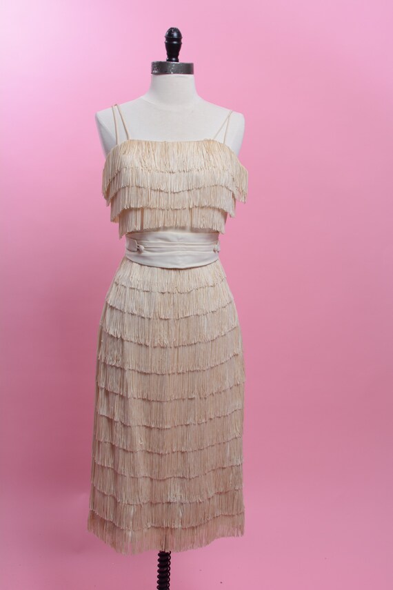 1950’s beige fringe dress with belt