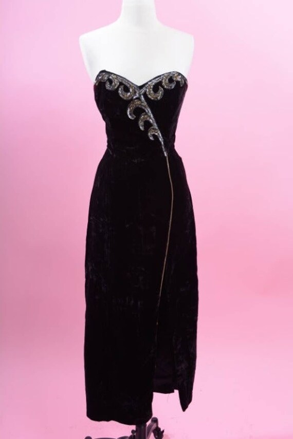 80s Long Black velvet dress with sequins Gem