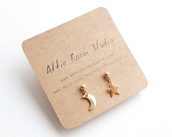 Gold Plated Moon and Star Stud Earrings, Dainty Celestial Earrings, Dangle Earrings, Delicate Gold Drop Earrings, Tiny Earrings, Gold Studs