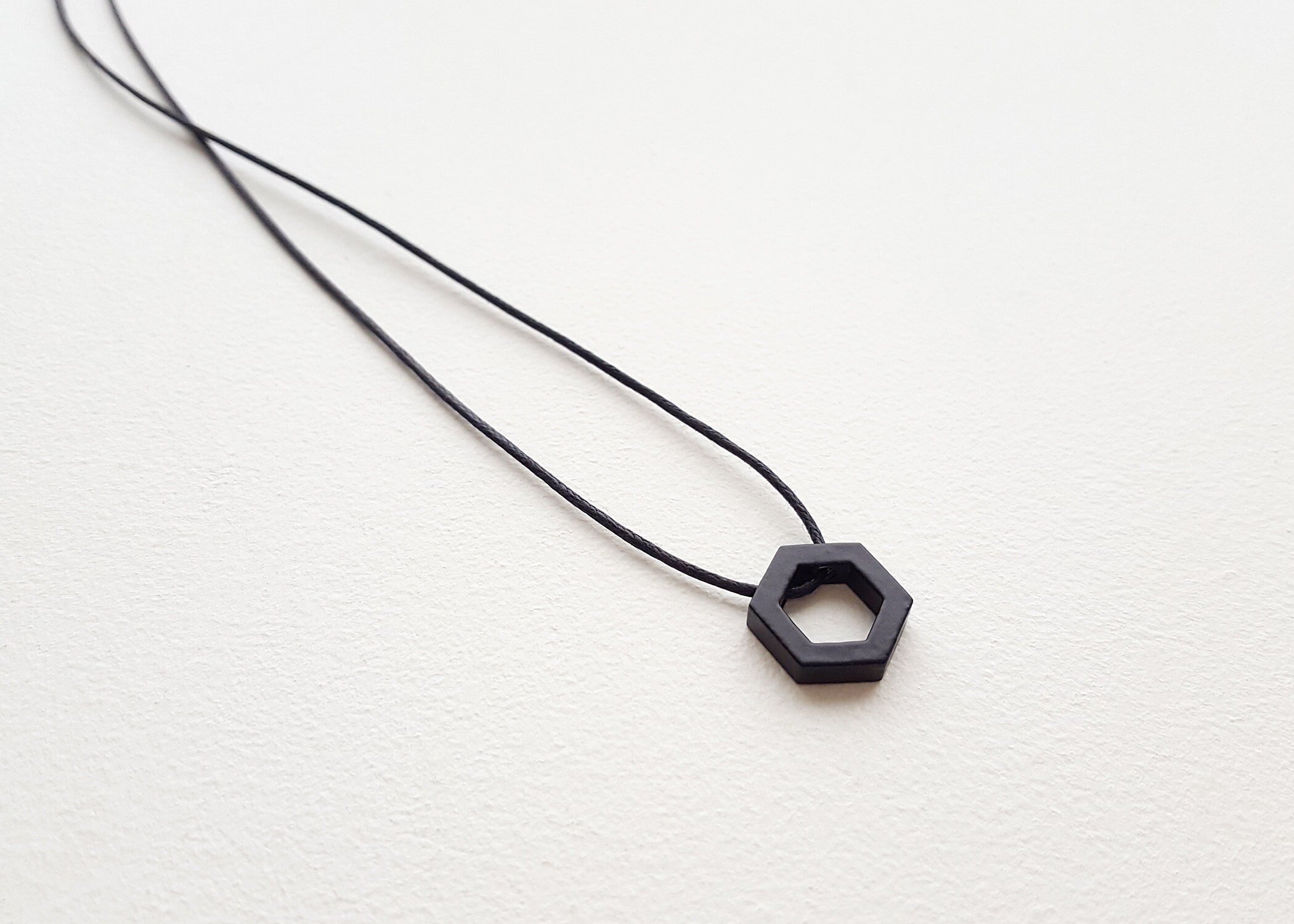 Matte Black Hexagon Necklace, Tie Cord Necklace, Geometric, Minimal