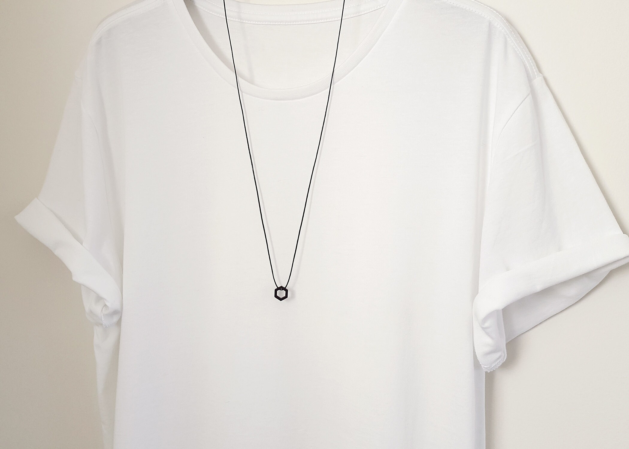 Matte Black Hexagon Necklace, Tie Cord Necklace, Geometric, Minimal