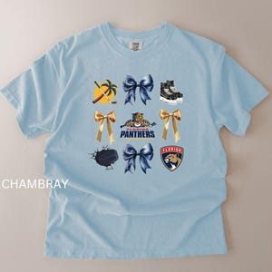 May include: Light blue t-shirt with a variety of graphics, including hockey-themed images, bows, and the words "Florida Panthers". The shirt has a crew neck and short sleeves. The word "CHAMBRAY" is printed on the left side of the shirt.