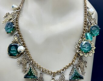 Antique Victorian Chain Charm Necklace Green Carved Art Glass Intaglio Fleur De Lis Faux Pearl 30"