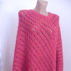 Wool poncho, raspberry red, crochet,one size