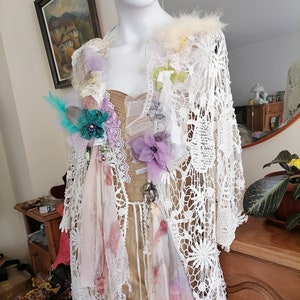 Unique Beautiful Art to Wear Schabby Chic XL Wedding Boho Jacket brusels  lace Millinery Fairy Tattered