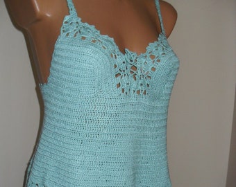 Turquoise crochet top, 75B bra, 26 inches long, bamboo yarn and cotton