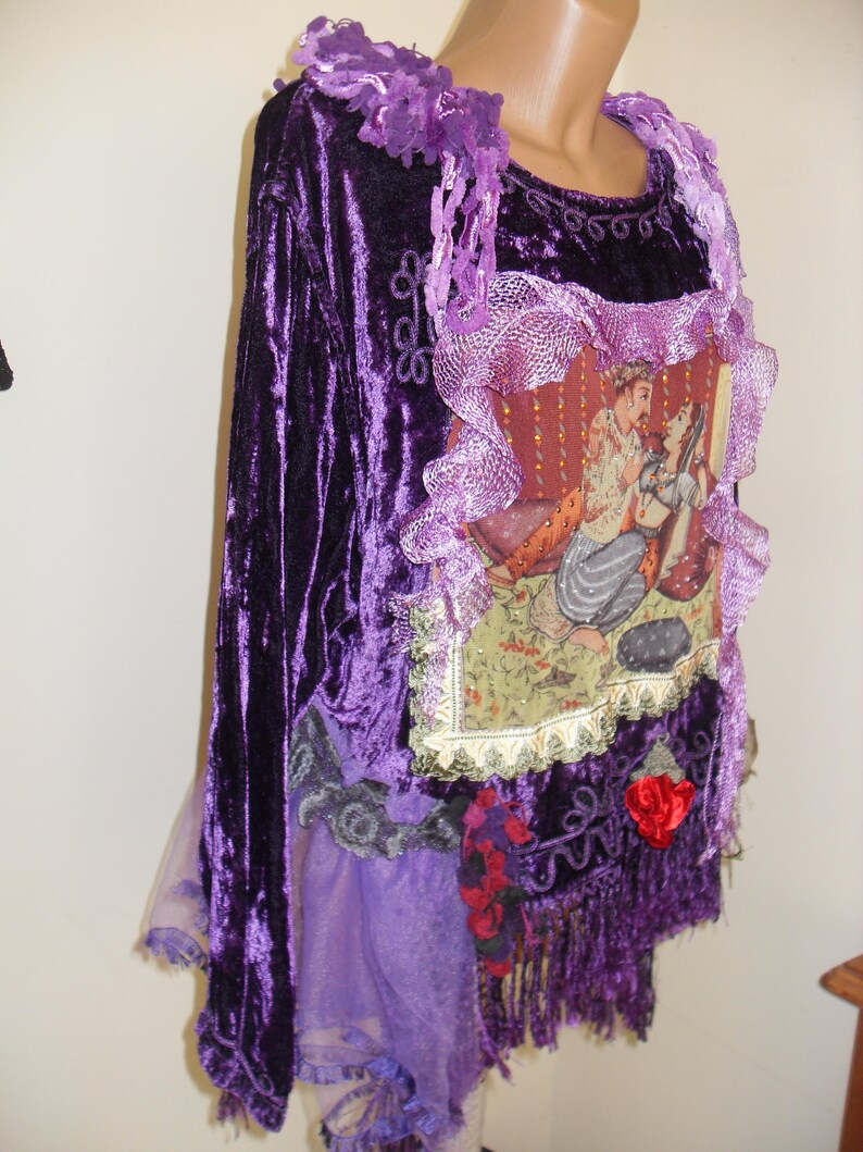 Unique Art To Wear Beautiful purple tunic tales without end Scheherazade of 1001 Nights Fairy Boho Hippie , doilies crochet, silk flowers image 7