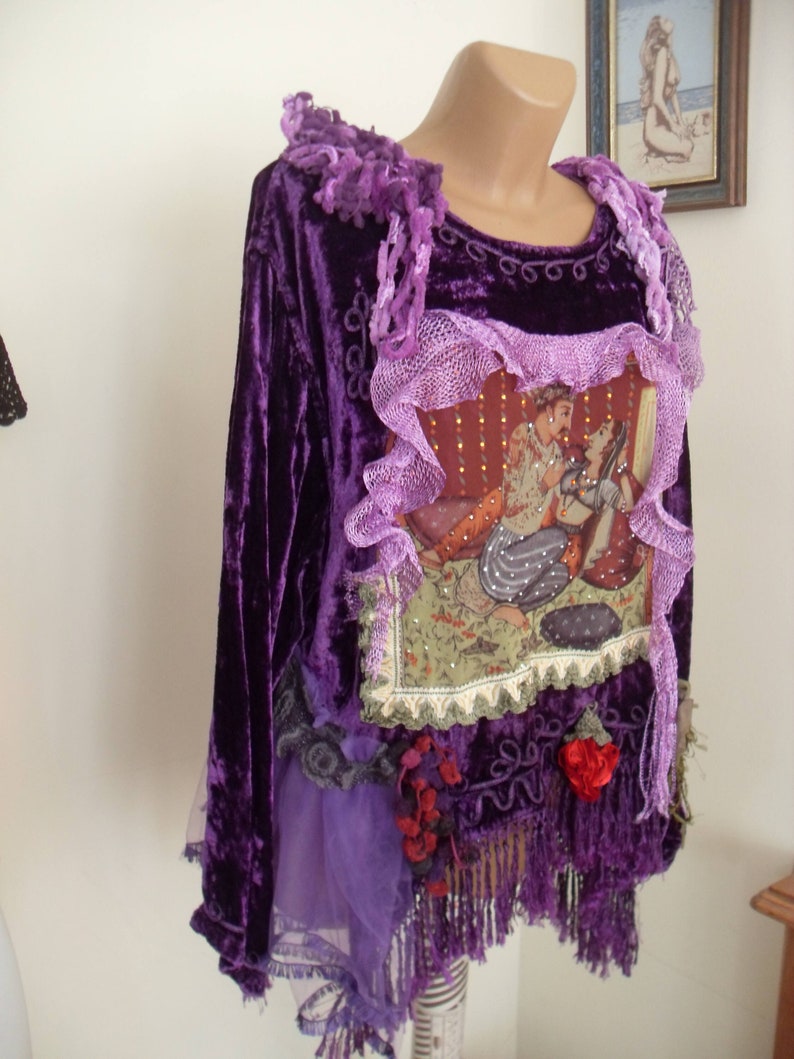 Unique Art To Wear Beautiful purple tunic tales without end Scheherazade of 1001 Nights Fairy Boho Hippie , doilies crochet, silk flowers image 1