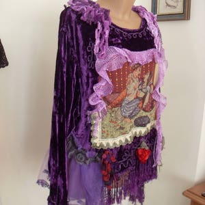 Unique Art To Wear Beautiful purple tunic tales without end Scheherazade of 1001 Nights Fairy Boho Hippie , doilies crochet, silk flowers image 6