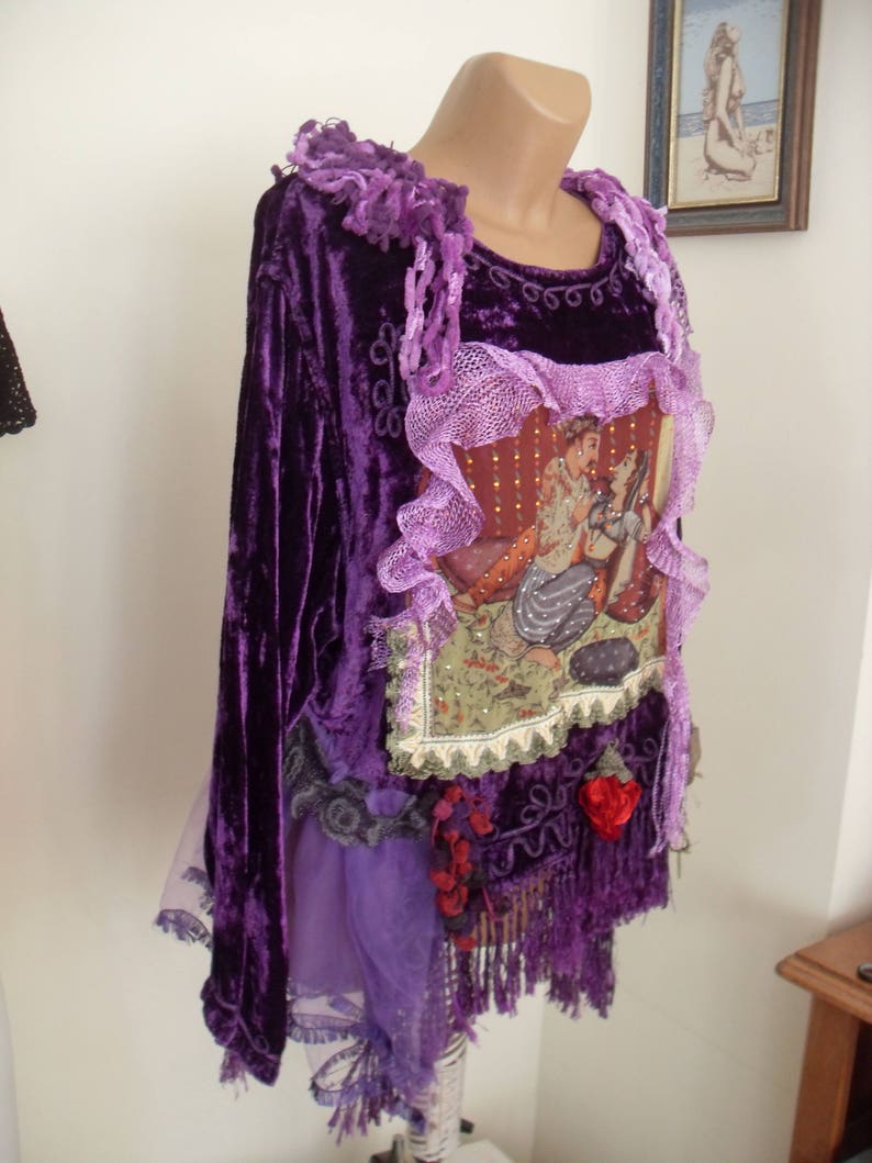 Unique Art To Wear Beautiful purple tunic tales without end Scheherazade of 1001 Nights Fairy Boho Hippie , doilies crochet, silk flowers image 6