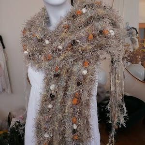 Braun, beije colorful knit pom pom scarf and GIFT earrings Fall Winter boho chanky neck warmer textured shawl