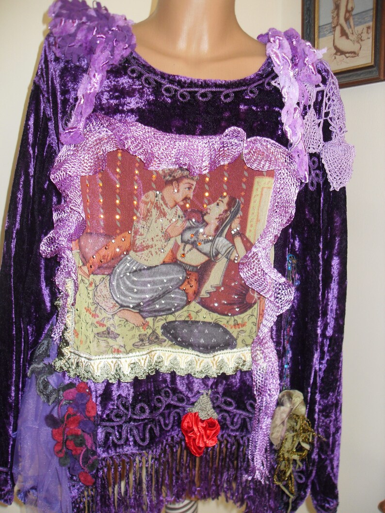 Unique Art To Wear Beautiful purple tunic tales without end Scheherazade of 1001 Nights Fairy Boho Hippie , doilies crochet, silk flowers image 3